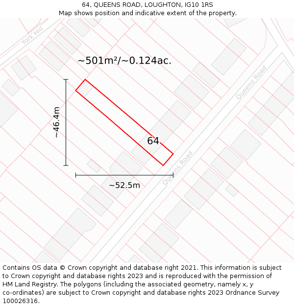 64, QUEENS ROAD, LOUGHTON, IG10 1RS: Plot and title map