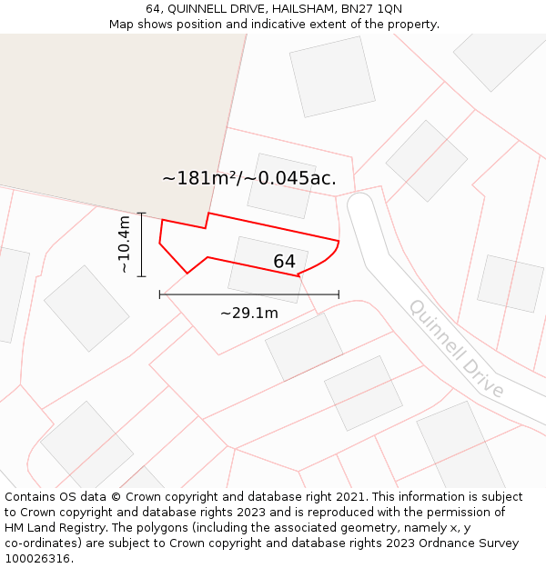 64, QUINNELL DRIVE, HAILSHAM, BN27 1QN: Plot and title map