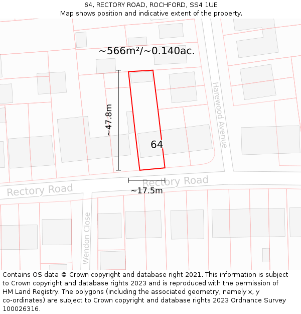 64, RECTORY ROAD, ROCHFORD, SS4 1UE: Plot and title map