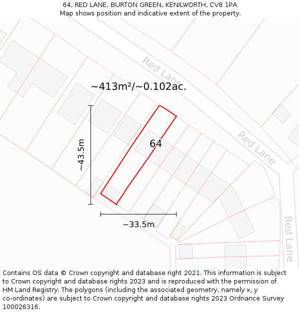 64, RED LANE, BURTON GREEN, KENILWORTH, CV8 1PA: Plot and title map