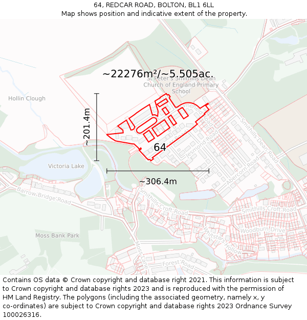 64, REDCAR ROAD, BOLTON, BL1 6LL: Plot and title map