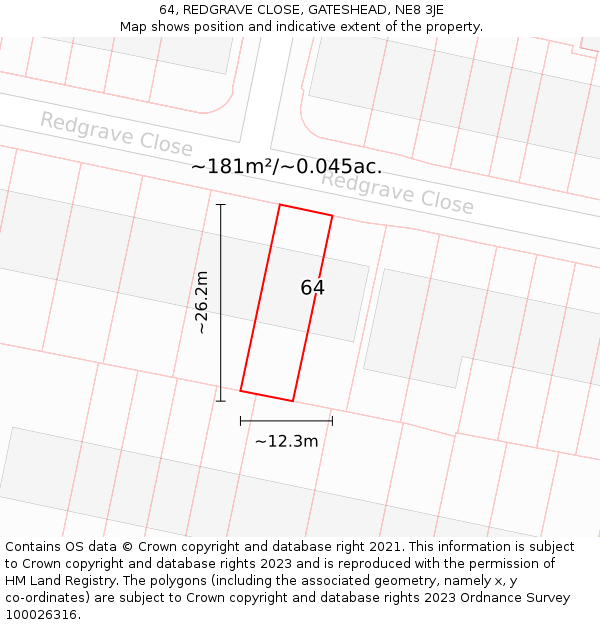 64, REDGRAVE CLOSE, GATESHEAD, NE8 3JE: Plot and title map