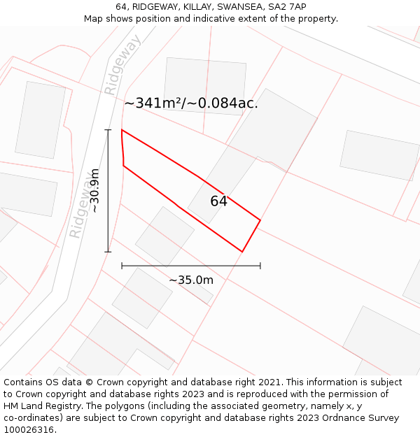 64, RIDGEWAY, KILLAY, SWANSEA, SA2 7AP: Plot and title map