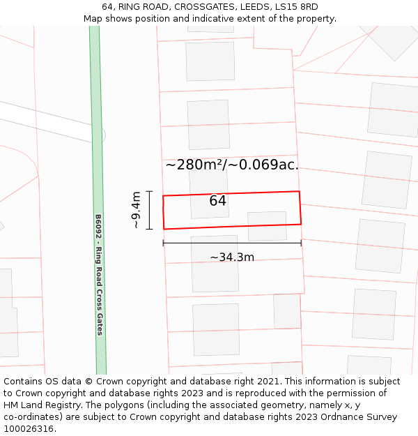 64, RING ROAD, CROSSGATES, LEEDS, LS15 8RD: Plot and title map
