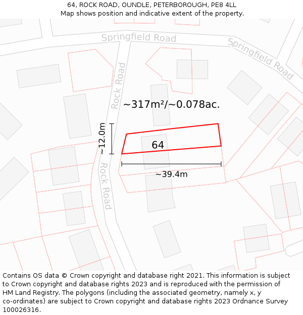 64, ROCK ROAD, OUNDLE, PETERBOROUGH, PE8 4LL: Plot and title map