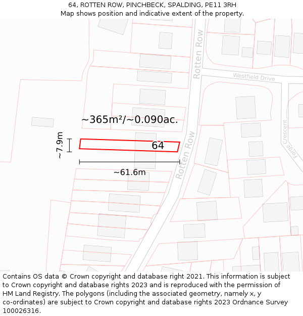 64, ROTTEN ROW, PINCHBECK, SPALDING, PE11 3RH: Plot and title map