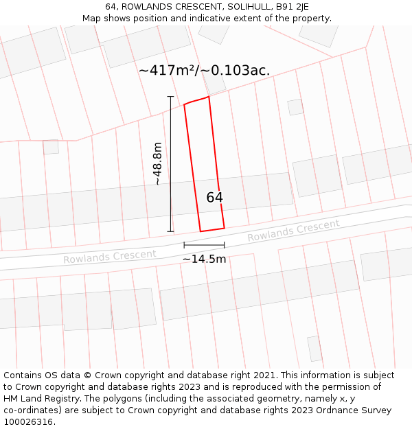 64, ROWLANDS CRESCENT, SOLIHULL, B91 2JE: Plot and title map