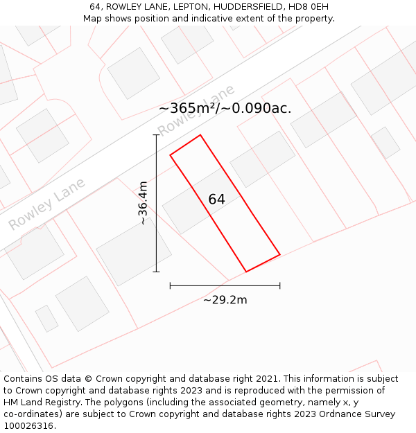 64, ROWLEY LANE, LEPTON, HUDDERSFIELD, HD8 0EH: Plot and title map