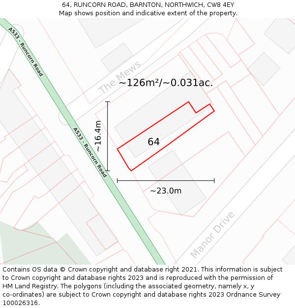 64, RUNCORN ROAD, BARNTON, NORTHWICH, CW8 4EY: Plot and title map