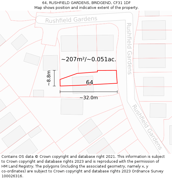 64, RUSHFIELD GARDENS, BRIDGEND, CF31 1DF: Plot and title map