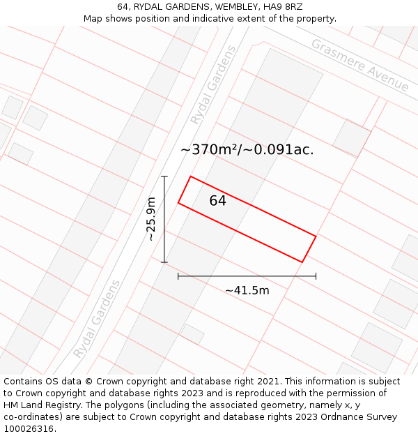 64, RYDAL GARDENS, WEMBLEY, HA9 8RZ: Plot and title map