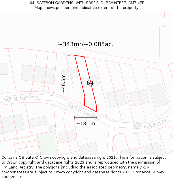 64, SAFFRON GARDENS, WETHERSFIELD, BRAINTREE, CM7 4EF: Plot and title map