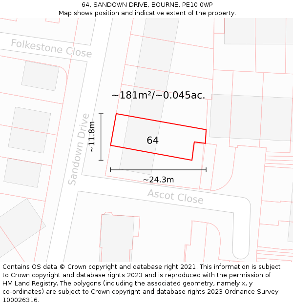 64, SANDOWN DRIVE, BOURNE, PE10 0WP: Plot and title map