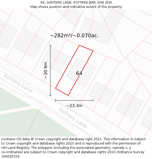 64, SANTERS LANE, POTTERS BAR, EN6 2DA: Plot and title map