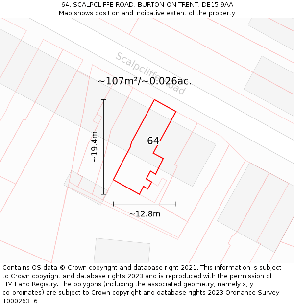 64, SCALPCLIFFE ROAD, BURTON-ON-TRENT, DE15 9AA: Plot and title map