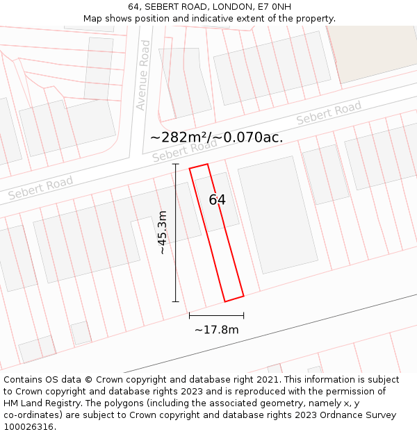 64, SEBERT ROAD, LONDON, E7 0NH: Plot and title map