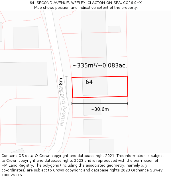 64, SECOND AVENUE, WEELEY, CLACTON-ON-SEA, CO16 9HX: Plot and title map