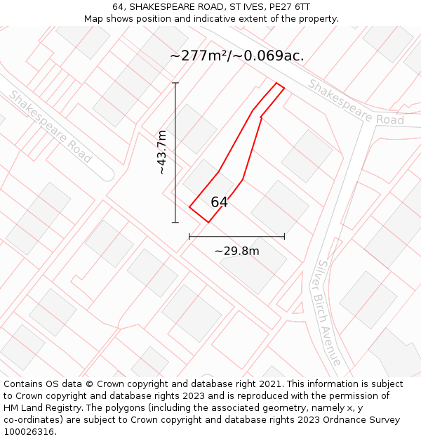 64, SHAKESPEARE ROAD, ST IVES, PE27 6TT: Plot and title map