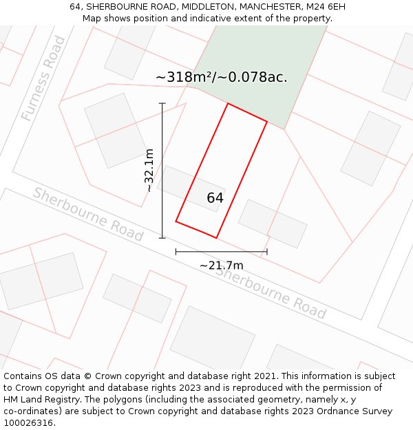 64, SHERBOURNE ROAD, MIDDLETON, MANCHESTER, M24 6EH: Plot and title map