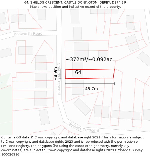 64, SHIELDS CRESCENT, CASTLE DONINGTON, DERBY, DE74 2JR: Plot and title map