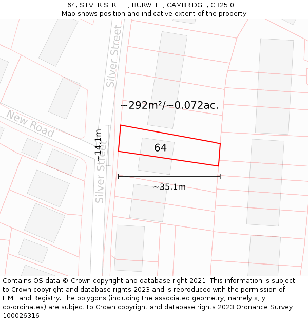 64, SILVER STREET, BURWELL, CAMBRIDGE, CB25 0EF: Plot and title map