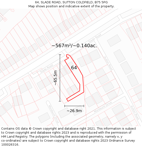 64, SLADE ROAD, SUTTON COLDFIELD, B75 5PG: Plot and title map