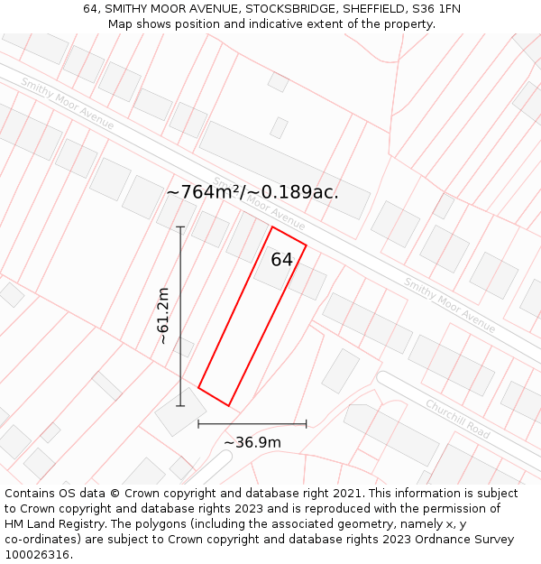 64, SMITHY MOOR AVENUE, STOCKSBRIDGE, SHEFFIELD, S36 1FN: Plot and title map