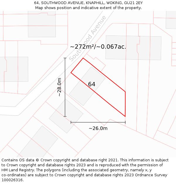 64, SOUTHWOOD AVENUE, KNAPHILL, WOKING, GU21 2EY: Plot and title map