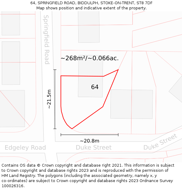 64, SPRINGFIELD ROAD, BIDDULPH, STOKE-ON-TRENT, ST8 7DF: Plot and title map