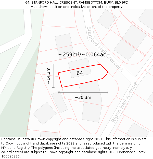 64, STANFORD HALL CRESCENT, RAMSBOTTOM, BURY, BL0 9FD: Plot and title map