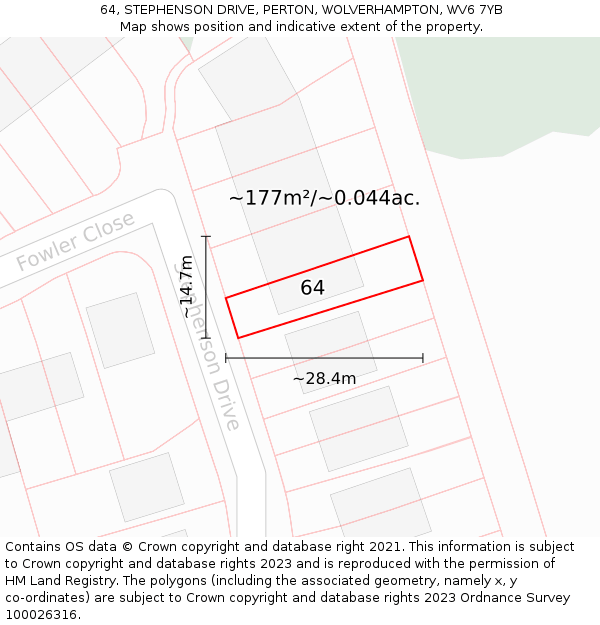 64, STEPHENSON DRIVE, PERTON, WOLVERHAMPTON, WV6 7YB: Plot and title map