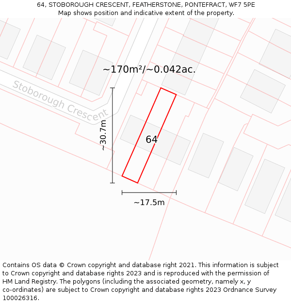 64, STOBOROUGH CRESCENT, FEATHERSTONE, PONTEFRACT, WF7 5PE: Plot and title map