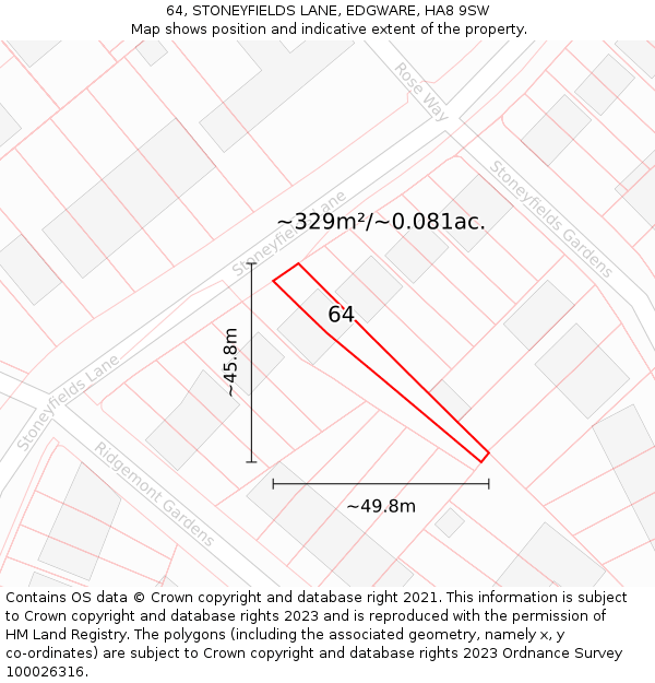 64, STONEYFIELDS LANE, EDGWARE, HA8 9SW: Plot and title map