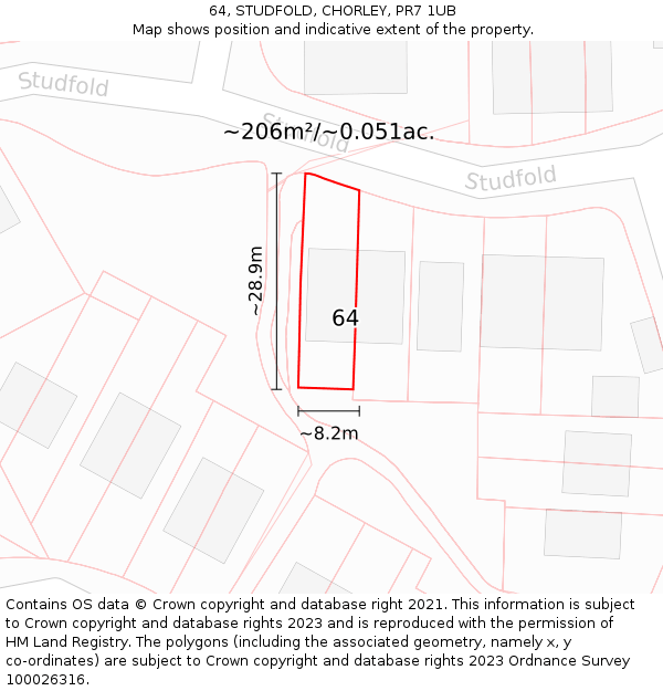64, STUDFOLD, CHORLEY, PR7 1UB: Plot and title map