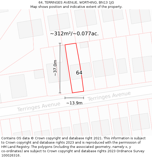 64, TERRINGES AVENUE, WORTHING, BN13 1JG: Plot and title map