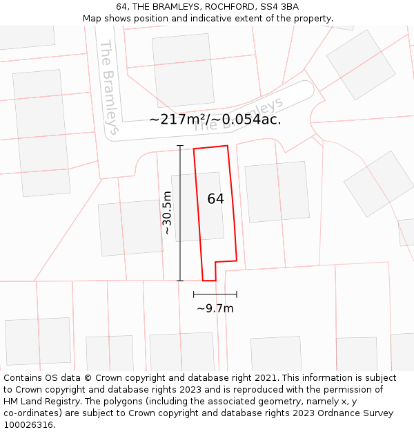 64, THE BRAMLEYS, ROCHFORD, SS4 3BA: Plot and title map