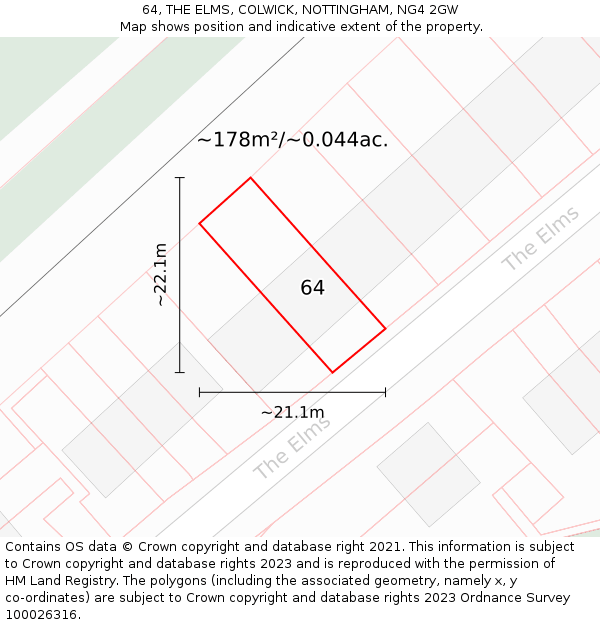 64, THE ELMS, COLWICK, NOTTINGHAM, NG4 2GW: Plot and title map