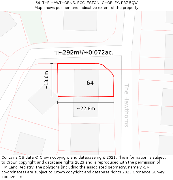 64, THE HAWTHORNS, ECCLESTON, CHORLEY, PR7 5QW: Plot and title map