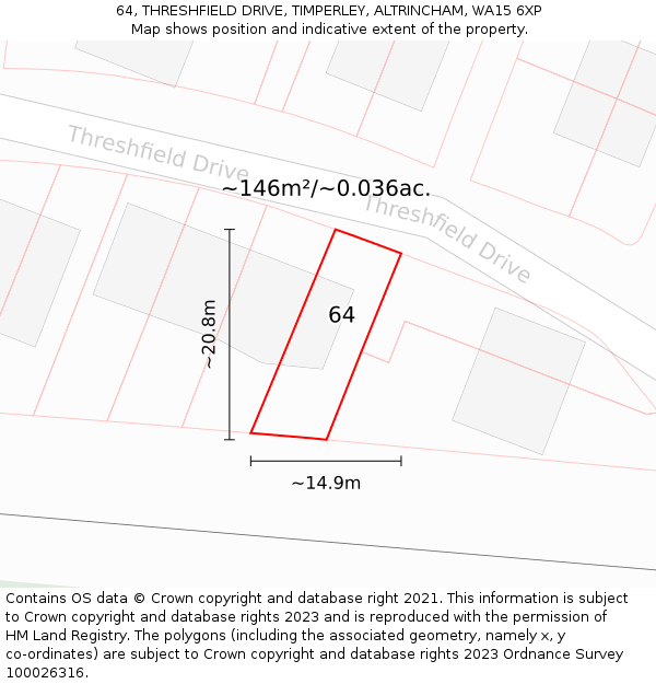 64, THRESHFIELD DRIVE, TIMPERLEY, ALTRINCHAM, WA15 6XP: Plot and title map