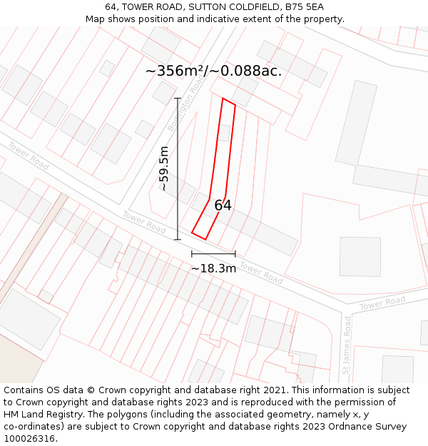 64, TOWER ROAD, SUTTON COLDFIELD, B75 5EA: Plot and title map