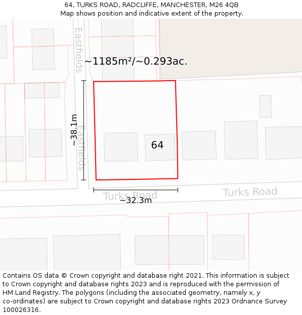 64, TURKS ROAD, RADCLIFFE, MANCHESTER, M26 4QB: Plot and title map