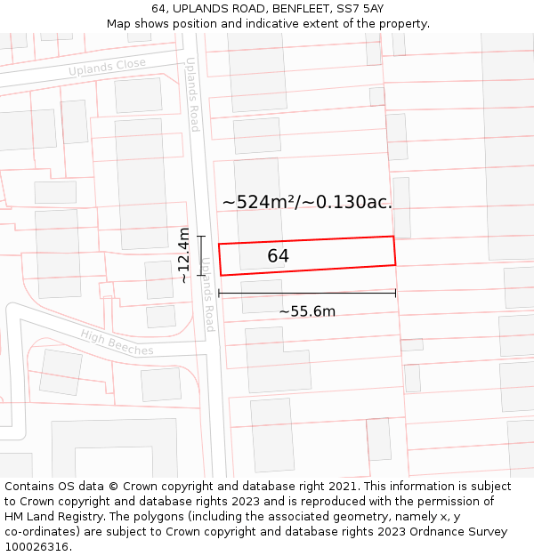 64, UPLANDS ROAD, BENFLEET, SS7 5AY: Plot and title map