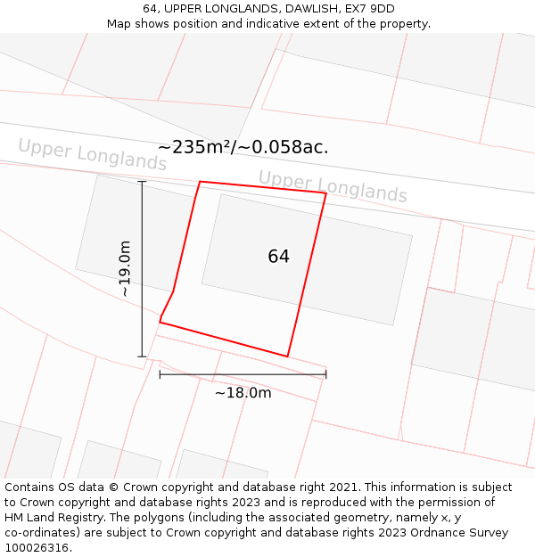64, UPPER LONGLANDS, DAWLISH, EX7 9DD: Plot and title map