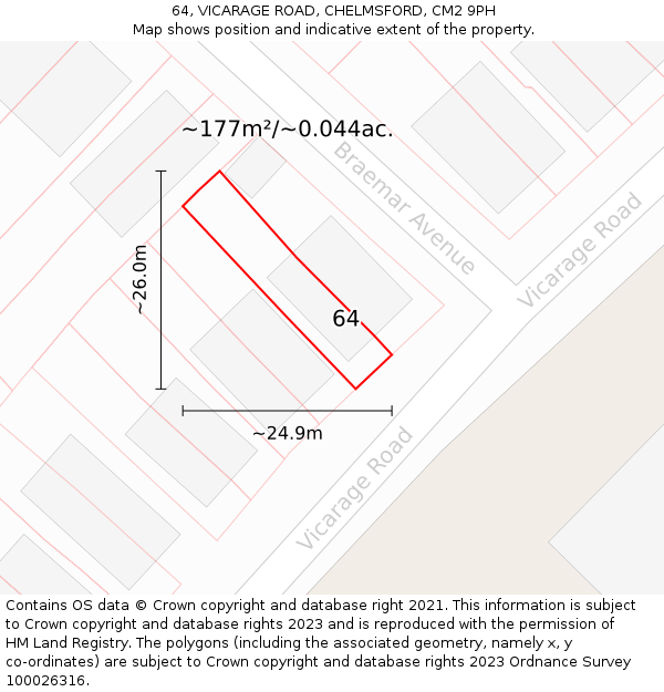 64, VICARAGE ROAD, CHELMSFORD, CM2 9PH: Plot and title map