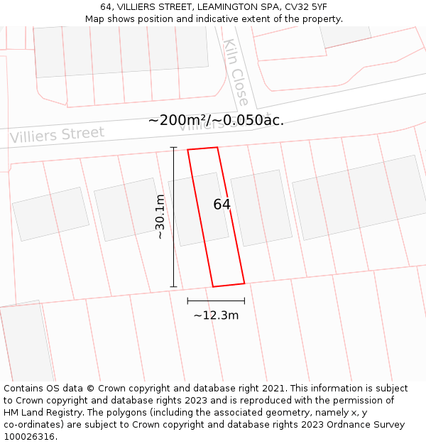 64, VILLIERS STREET, LEAMINGTON SPA, CV32 5YF: Plot and title map