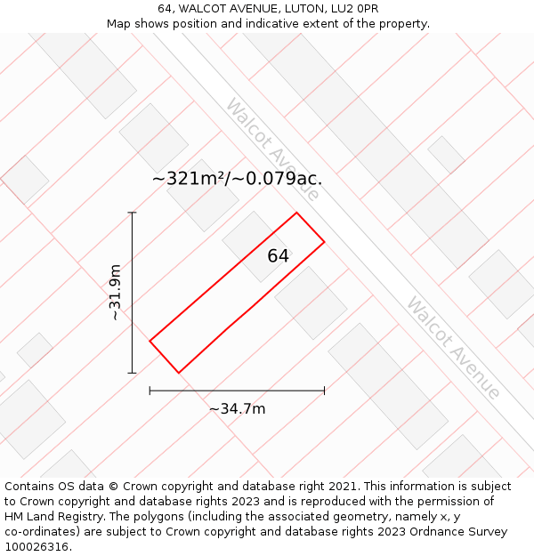 64, WALCOT AVENUE, LUTON, LU2 0PR: Plot and title map