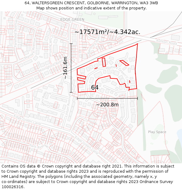 64, WALTERSGREEN CRESCENT, GOLBORNE, WARRINGTON, WA3 3WB: Plot and title map