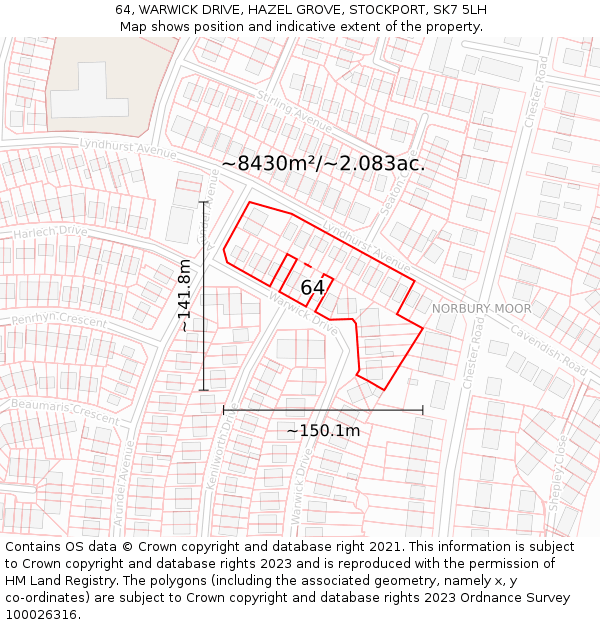 64, WARWICK DRIVE, HAZEL GROVE, STOCKPORT, SK7 5LH: Plot and title map