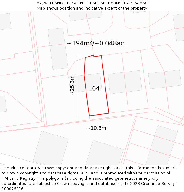 64, WELLAND CRESCENT, ELSECAR, BARNSLEY, S74 8AG: Plot and title map