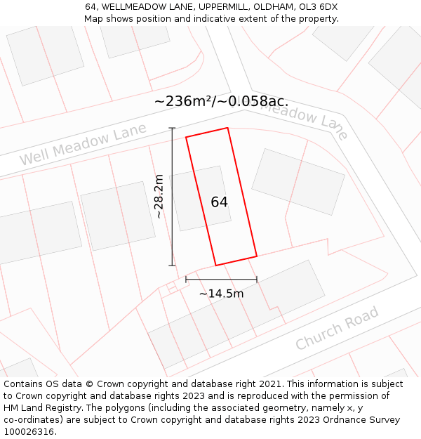 64, WELLMEADOW LANE, UPPERMILL, OLDHAM, OL3 6DX: Plot and title map